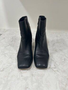 Women's Black Leather Ankle Boots - Sleek Square Toe and stylish square heel.